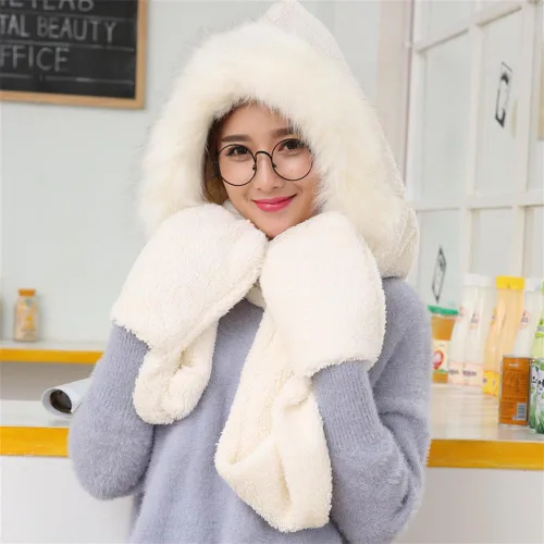 Miniatura 6 de Winter Warm Women Siamese Sudadera con Capucha Guantes con Bolsillo para las orejas, Bufanda Larga Chal