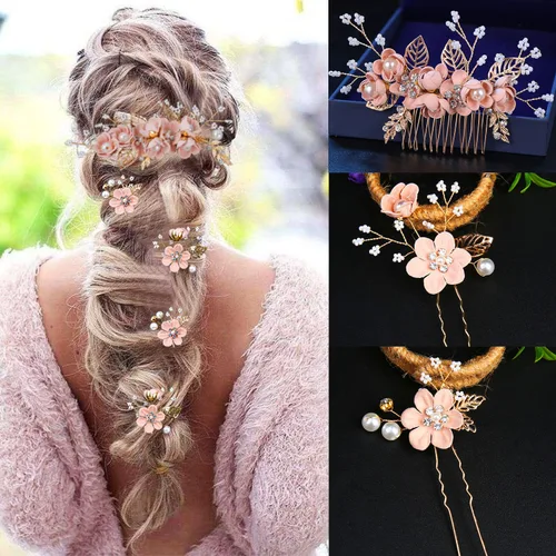 Miniatura 4 de 5 Piezas Horquillas de Flores Nupciales para Cabello de Boda Peines de Cabello de Cristal y Perla Clips Tocado Dorado Accesorios de Cabello de Boda