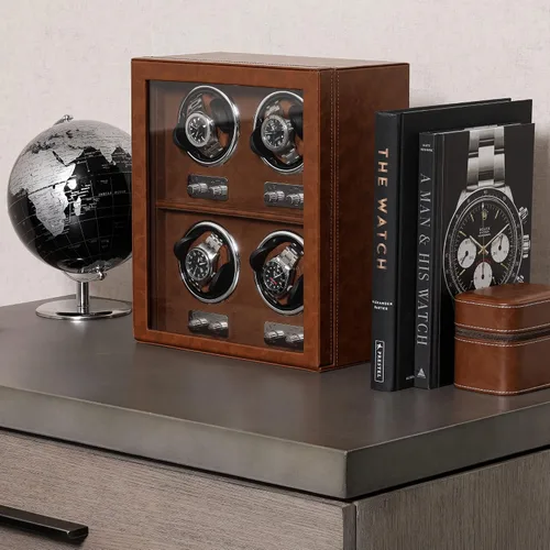 Miniatura 4 de ROTHWELL Bobinadora de 4 relojes para relojes automáticos con motor silencioso con múltiples velocidades y ajustes de rotación (bronceado/marrón)