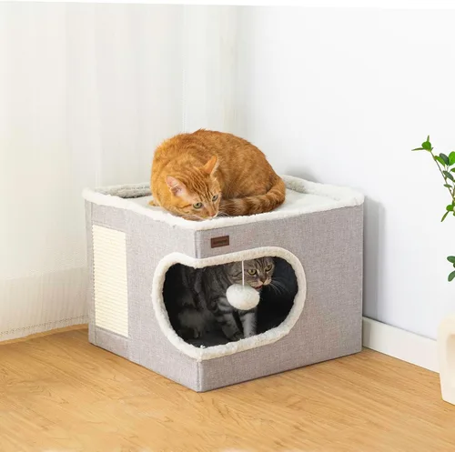 Miniatura 5 de Garnpet Cama para Gatos de Interior Casa Cubo, Camas de Cueva para Gatos Cubierta y Muebles con Almohadilla Rascadora y Tienda Refugio, Lindo Gris