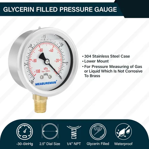 Miniatura 2 de MEASUREMAN - Medidor de presión con esfera de 2.5 pulgadas, relleno de glicerina, caja de acero inoxidable, latón interior, 30inHg/-100kpa-0