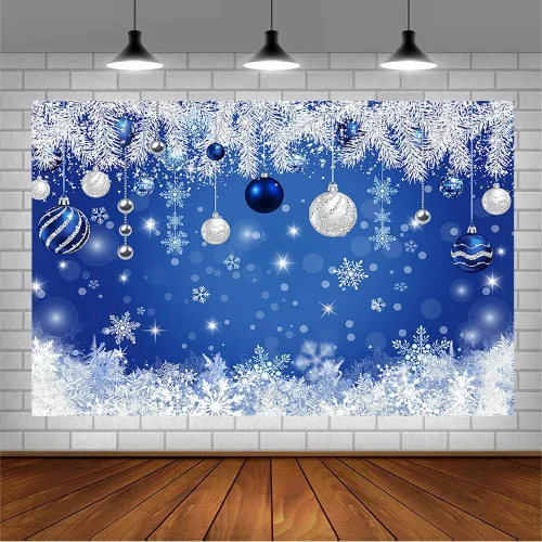Miniatura 3 de AIBIIN Telón de fondo de Navidad de invierno de 7 x 5 pies para fotografía, campana azul plateada con purpurina, copo de nieve, aguja de pino