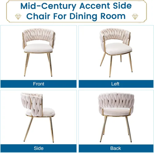 Miniatura 8 de KCC Juego de 2 sillas de comedor modernas de terciopelo, sillas tapizadas para sala de estar con respaldo tejido y patas de metal dorado, silla