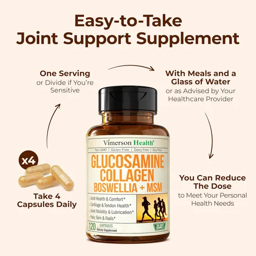 Miniatura 4 de Suplemento de condroitina de colágeno y sulfato de glucosamina con boswellia, MSM, bromelina, quercetina y metionina. Apoyo articular