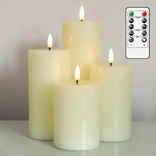 Lezonic Velas LED de color marfil sin llama con temporizador remoto, paquete de 4 velas parpadeantes, diseño de grasa, pilar de cera real para