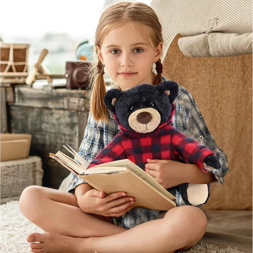 Miniatura 7 de DolliBu Oso negro de felpa con capucha a cuadros rojos, oso suave y abrazable, adorable peluche de oso negro de zoológico, bonito regalo para niños