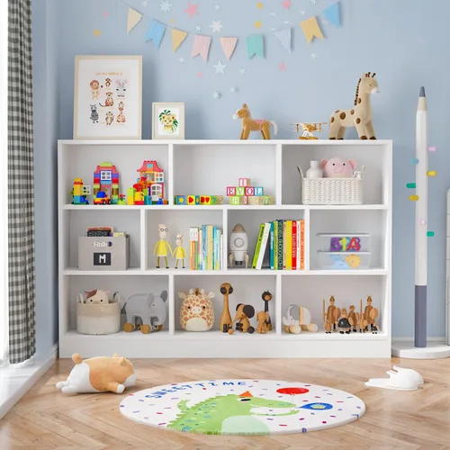 Miniatura 10 de ECACAD Estantería de madera con estantes abiertos de 3 niveles, organizador de almacenamiento de 8 cubos para sala de estar, oficina en casa, blanco