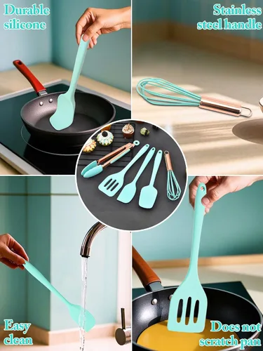 Miniatura 6 de Juego de utensilios de cocina, 5 piezas, mini utensilios de cocina de silicona, resistentes al calor, antiadherentes, juego de espátula, sin BPA
