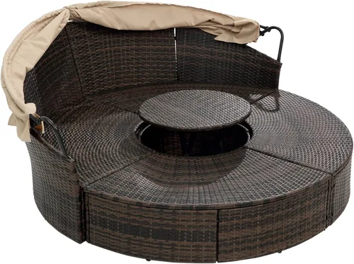 Miniatura 8 de Sofá cama redondo de ratán al aire libre con toldo retráctil y mesa de centro elevadora, muebles de patio, juego de sofá para piscina Garde