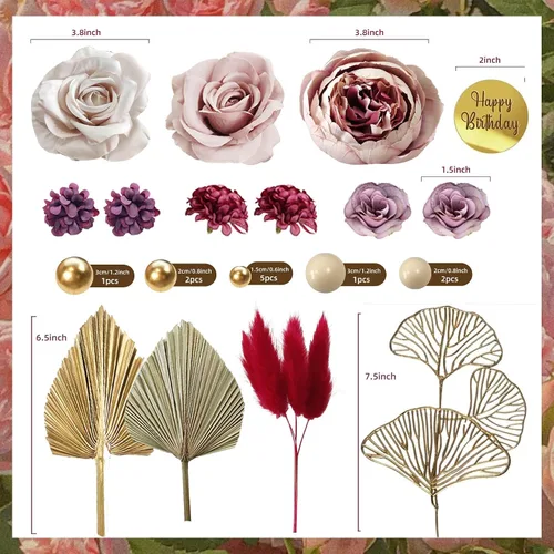 Miniatura 2 de 29 piezas de decoración de pastel de estilo bohemio con hojas de palma, flores rojas burdeos y bolas para pastel, suministros para bodas, baby Rojo