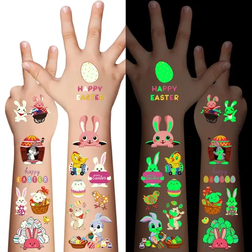80 tatuajes temporales luminosos de Pascua para niños, que brillan en la oscuridad, canasta de Pascua, tatuajes de fiesta, tatuajes, huevos de color