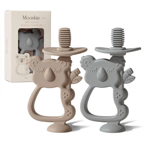 Miniatura 11 de Moonkie Juguete de dentición, mordedores de silicona seguros y fáciles de sostener, sin BPA, cepillo de dientes de bebé de 360° con base de succión