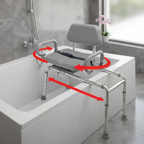 Miniatura 10 de Banco de transferencia deslizable con asiento giratorio. Silla premium para tina y ducha, acolchada con apoyabrazos giratorios Diseño ahorrador