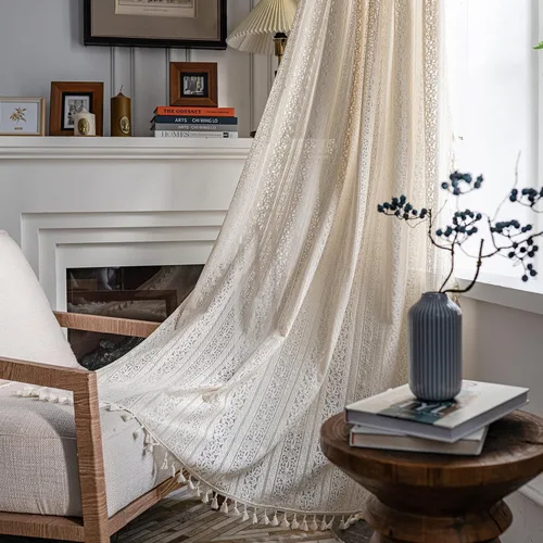 Sutuo Home Cortinas bohemias de encaje de croché semitranslúcido calado, con borlas de punto a mano y jareta, rústicas vintage para sala, Crochet