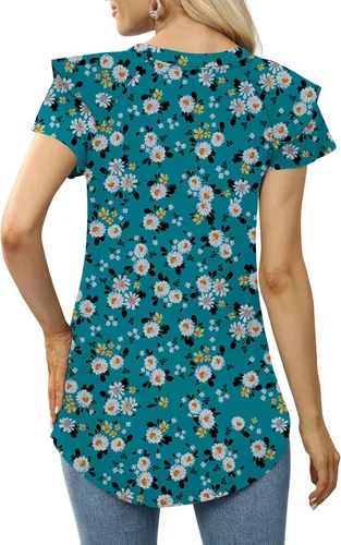 Miniatura 3 de DB MOON Camisetas casuales de verano para mujer, manga corta, con volantes, cuello en V, ajuste holgado