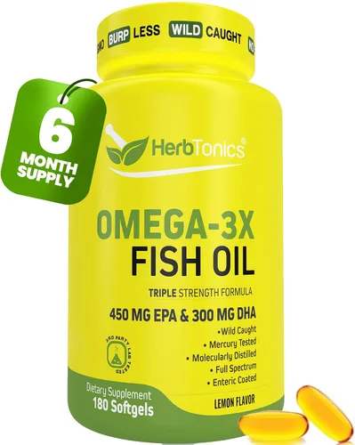 Herbtonics Aceite de pescado Omega 3 de 1250 mg – Alto EPA 450 mg + DHA 300 mg para la salud del corazón y el cerebro | Triple fuerza, sabor a limón