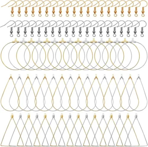 Juego de 96 aretes de aro con cuentas para hacer joyas, aretes triangulares, lágrimas, redondos, con 200 ganchos para aretes, aros y alambres para