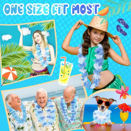 Miniatura 4 de Jexine 250 piezas de collar floral hawaiano a granel tropical Luau Leis verano playa floral para decoración de fiesta de cumpleaños, bodas y Azul