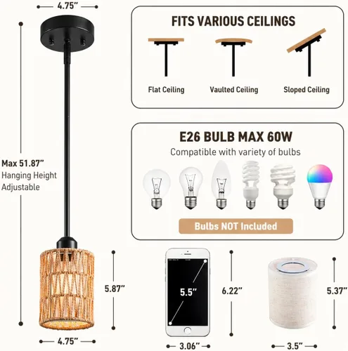 Miniatura 4 de Lámpara Colgante Boho Lámpara Colgante - Pantalla 2 en 1 de Ratán y Lino, Luminaria de Luces Colgantes Ajustables para Isla de Cocina, Comedor, Casa