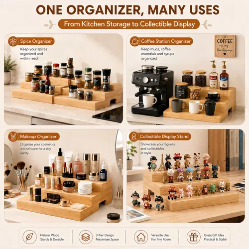 Miniatura 5 de Organizador de latas de madera expandible de 3 niveles para despensa, estante ajustable con capacidad para 24 latas, estante de almacenamiento