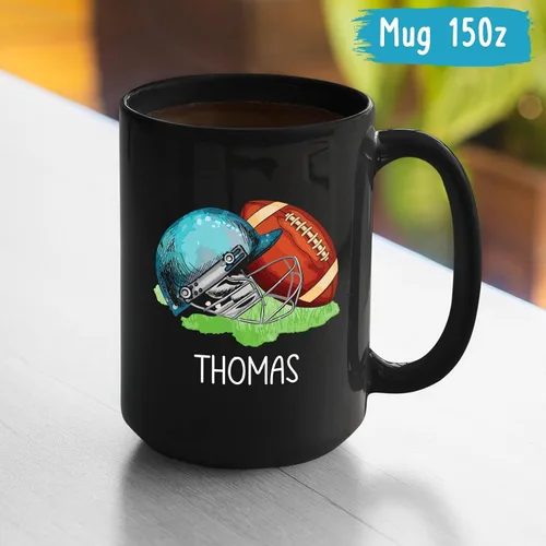 Miniatura 5 de Taza de café de fútbol americano con nombre personalizado, regalo de fútbol personalizado, porcelana negra 11oz y 15oz