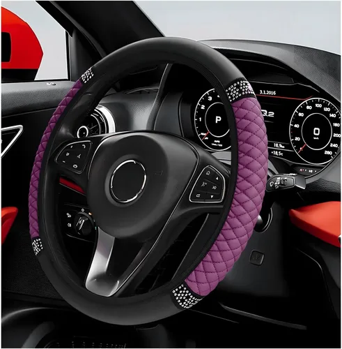 Miniatura 11 de Funda para volante de coche brillante, protector de volante de 15 pulgadas con diamantes de imitación de cuero suave, fundas de volante auto