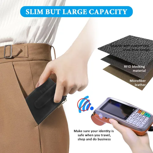 Miniatura 3 de FUNTOR - Carteras pequeñas para mujer, soporte delgado y plegable para tarjetas de crédito con bolsillo para monedas con cremallera, A: Negro