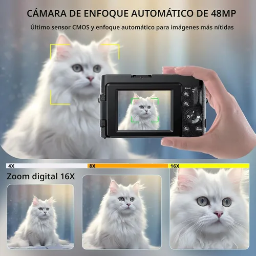 Miniatura 3 de Duluvulu Cámara digital 4K para enfoque automático de fotografía, cámara de video de 48 MP para YouTube con tarjeta SD, 2 baterías, cámara compacta