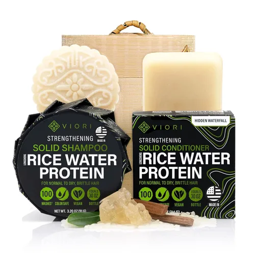 Viori Hidden Waterfall - Juego de barra de champú y acondicionador y soporte de bambú, fabricado con agua de arroz para el crecimiento del cabello,