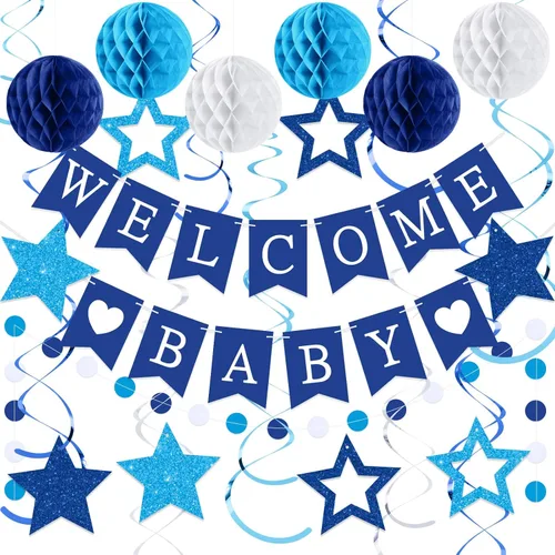 WinnerWhy 25 piezas de decoración de baby shower para niño, pancarta azul de bienvenida para bebé con estrellas con purpurina, remolinos colgantes,