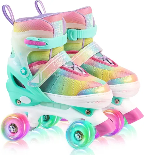 Miniatura 8 de Rainbow Roller Skates for Girls Kids, Gradient Pink Purple 4 Size Adjustable Quad Skates Size XS S, M, L Ages 3-12 with All Light Up Wheels for Kids