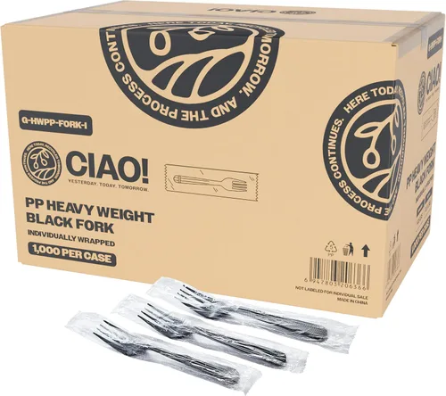 CIAO! Tenedor Negro de 7.3 Pulgadas de Polipropileno de Peso Pesado Envuelto Individualmente (Caja de 1,000)
