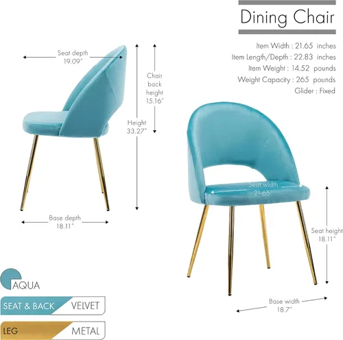 Miniatura 2 de Porthos Home Batia - Juego de 2 sillas de comedor sin brazos con elegante tapicería de terciopelo, patas cónicas de metal dorado y respaldo