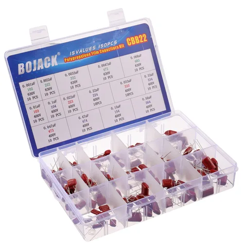 Miniatura 2 de BOJACK 15 Valores 150 Pcs Película de Polipropileno Metalizado Condensador DC 400V/0.01uF ~ 0.56uF 630V/0.001uF ~ 0.068uF Kit Surtido