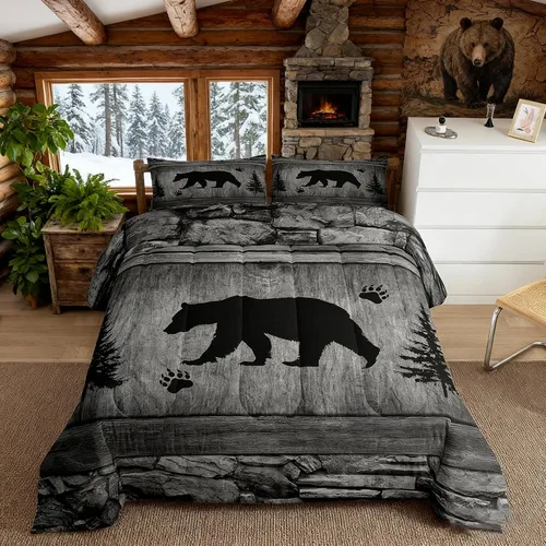 Miniatura 48 de Juego de edredón rústico de oso tamaño completo, juego de ropa de cama de caza de animales salvajes de 3 piezas, edredón de plumón vintage de cabaña
