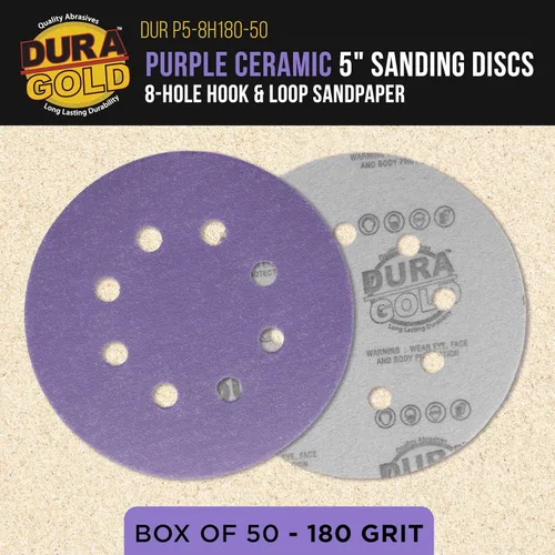 Miniatura 2 de Dura-Gold Discos de lijado de cerámica de película púrpura de 5 pulgadas, patrón de 8 agujeros, caja de 50 – Papel de lija sin polvo con gancho