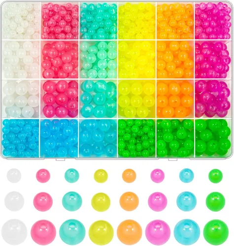 Kit de 1100 cuentas redondas acrílicas luminosas que brillan en la oscuridad, 0.236 in, 0.315 in, 0.394 in, cuentas coloridas de plástico brillante