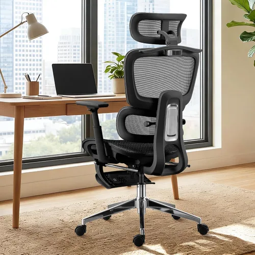 Miniatura 5 de Silla de oficina ergonómica, silla de escritorio de malla para el hogar, cómoda silla de juegos con reposapiés, ruedas, reposacabezas 2D ajustable