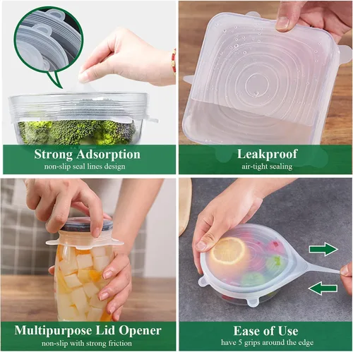 Miniatura 4 de Tapas elásticas de silicona, paquete de 12 tapas de silicona reutilizables para almacenamiento de alimentos, cubiertas de silicona sin BPA