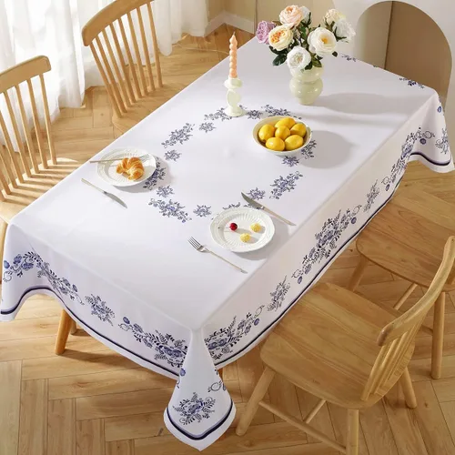 Miniatura 2 de SASTYBALE - Mantel rectangular de porcelana azul y blanca de Navidad de 52 x 70 pulgadas, resistente a derrames y manchas, de poliéster para buffet
