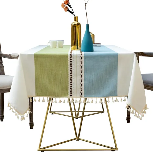 Miniatura 8 de Mantel rústico bordado con borla, lino de algodón sin arrugas, antidecoloración, lavable, a prueba de polvo, para comedor, cocina, fiesta, Azul