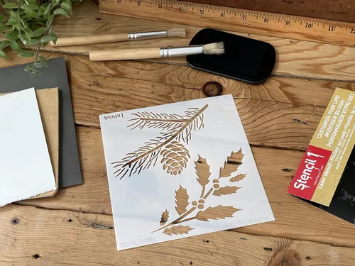 Miniatura 4 de Stencil1 Plantilla de ramas de acebo y hoja perenne – Plantilla de invierno reutilizable para manualidades, decoración de vacaciones, pintura sobre