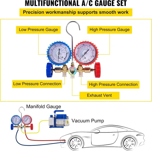 Miniatura 4 de VEVOR 3CFM 1/4HP Bomba de vacío de aire de una sola etapa HVAC R134a R12 R22 R410a Kit de refrigeración para A/C. Juego de manómetros de colector AC