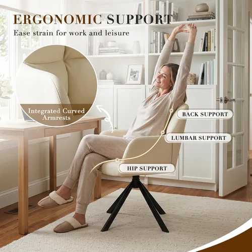 Miniatura 3 de EALSON Cómoda silla de escritorio de cuero, moderna silla de trabajo para computadora, sin ruedas, silla giratoria con brazo de respaldo medio