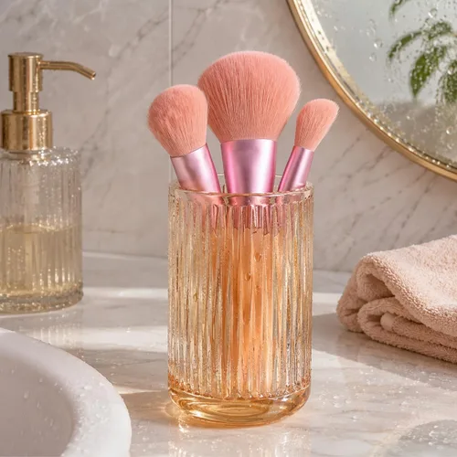 Miniatura 7 de Amber Glass Organizer Cup, Vintage Striped Brush & Pen Holder Thickened Crystal Glass, 2.84 x 5 Inch, Polished Safe Edges, Reinforced Base