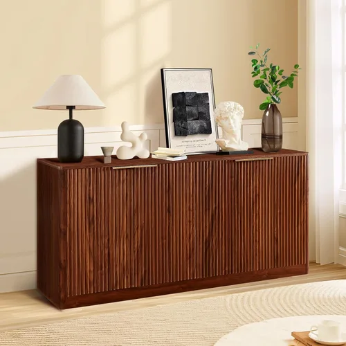 Miniatura 8 de Aparador de buffet de 64 pulgadas con almacenamiento, moderna credenza acanalada con estantes ajustables, mesa consola de barra de café de madera