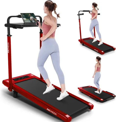 Miniatura 10 de ANCHEER Cinta de correr con inclinación del 12%/15%, almohadilla plegable con barra de asa, capacidad de 320-450 libras debajo del escritorio, Rojo