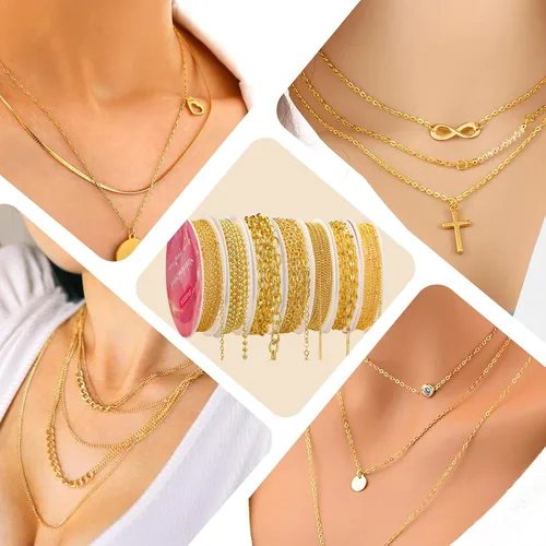 Miniatura 7 de ENERFUN Cadenas de collar de oro para hacer joyas, 112 pies, 15 rollos de cadenas a granel para hacer collares, pulseras, accesorios con anillos