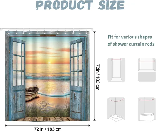 Miniatura 7 de Dazzlewall Cortina de ducha con diseño rústico de playa y océano, juego de cortinas de baño para el hogar, tela impermeable de poliéster, 72 x 72