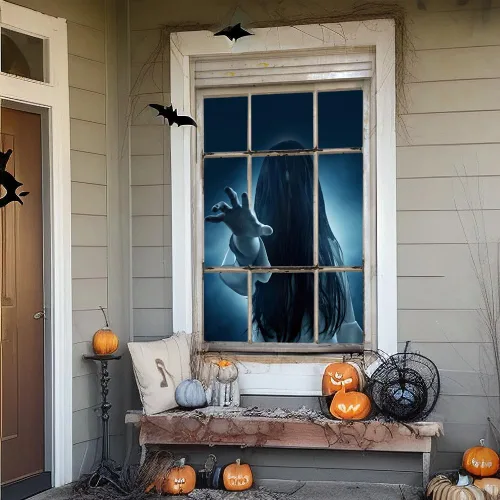 Miniatura 4 de Decoración de ventana de Halloween, cortina de fantasma femenino, decoración aterradora para la pared de la puerta de la ventana, decoración